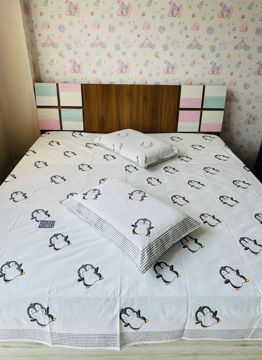 Pingu - The Penguin Bedsheet | Hand Block | Soft Fine Cotton