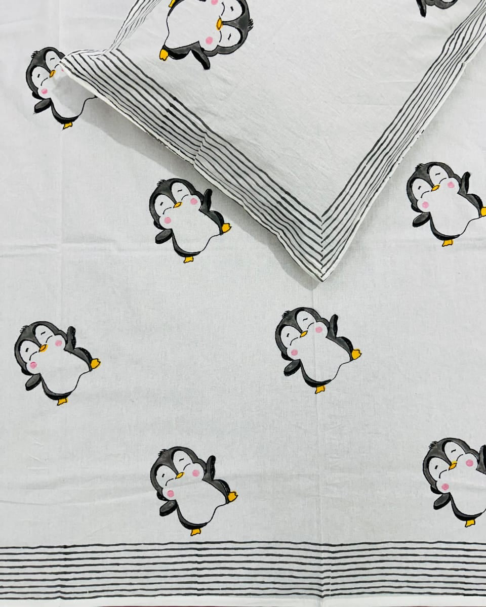 Pingu black hand block pure cotton kids bedsheet – fabric close-up