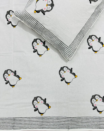Pingu black hand block pure cotton kids bedsheet – fabric close-up