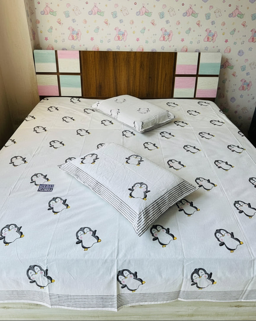 Pingu black hand block pure cotton kids bedsheet – front view