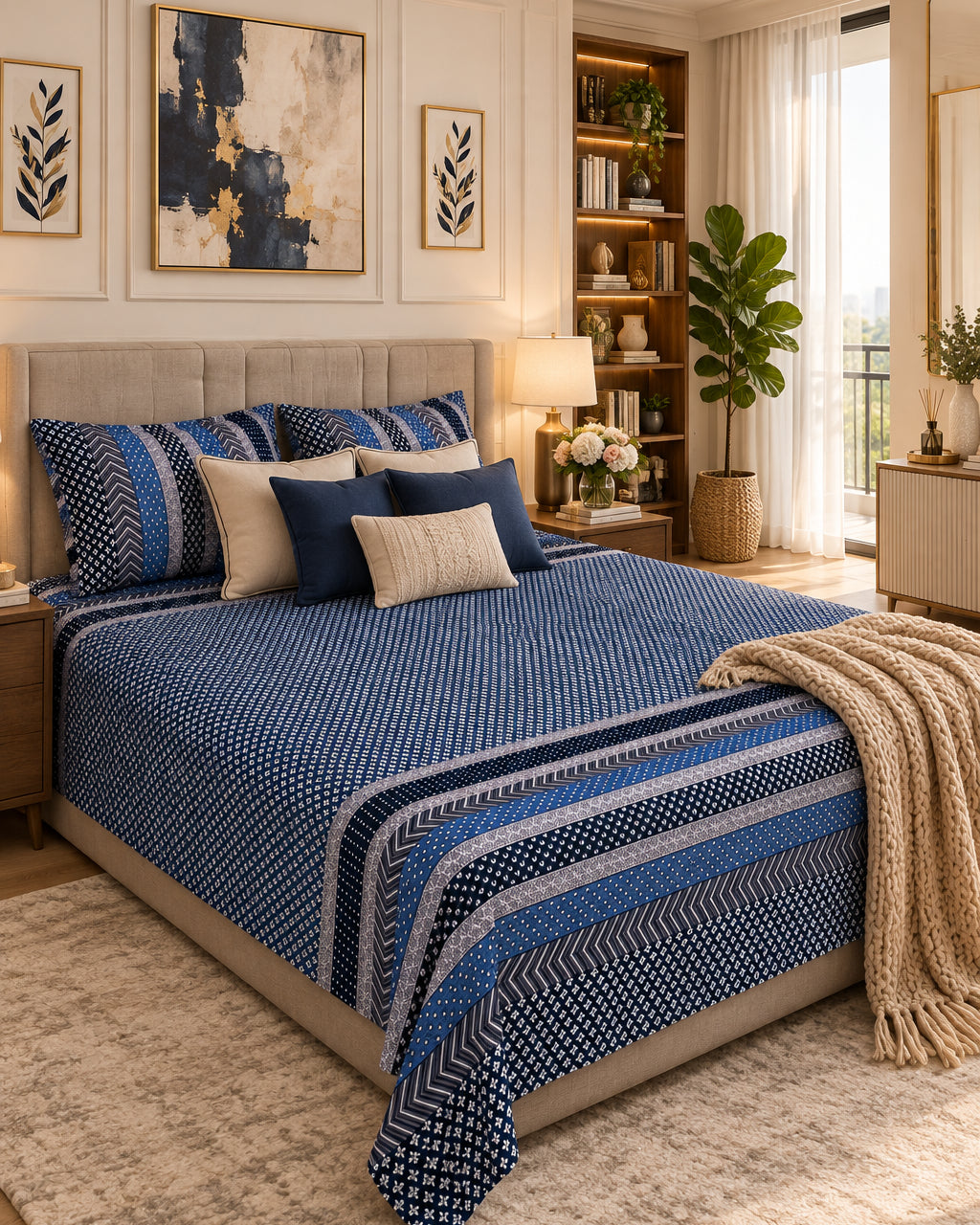 Preet Blue Everyday Cotton bedsheet with a dotted navy ground and blue and ivory stripe bands, with beige cushions