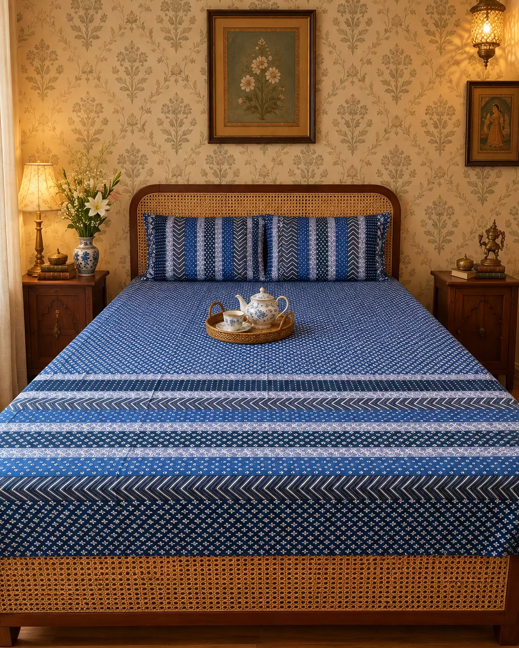 Preet Blue navy striped bedsheet and pillow covers with a tea tray on a cane-headboard bed