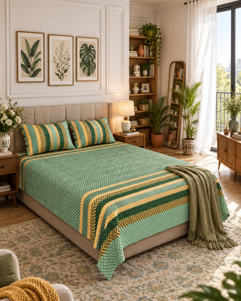 Preet Green Everyday Cotton bedsheet with a dotted green ground and yellow, ivory and green stripe bands, with an olive throw