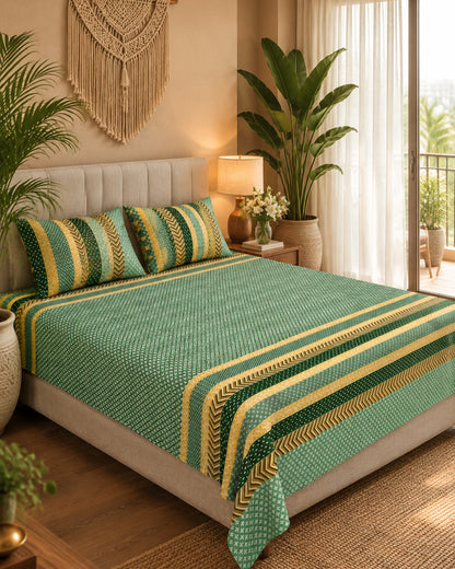 Preet Green dotted bedsheet with bold stripe bands on a bed with a light upholstered headboard