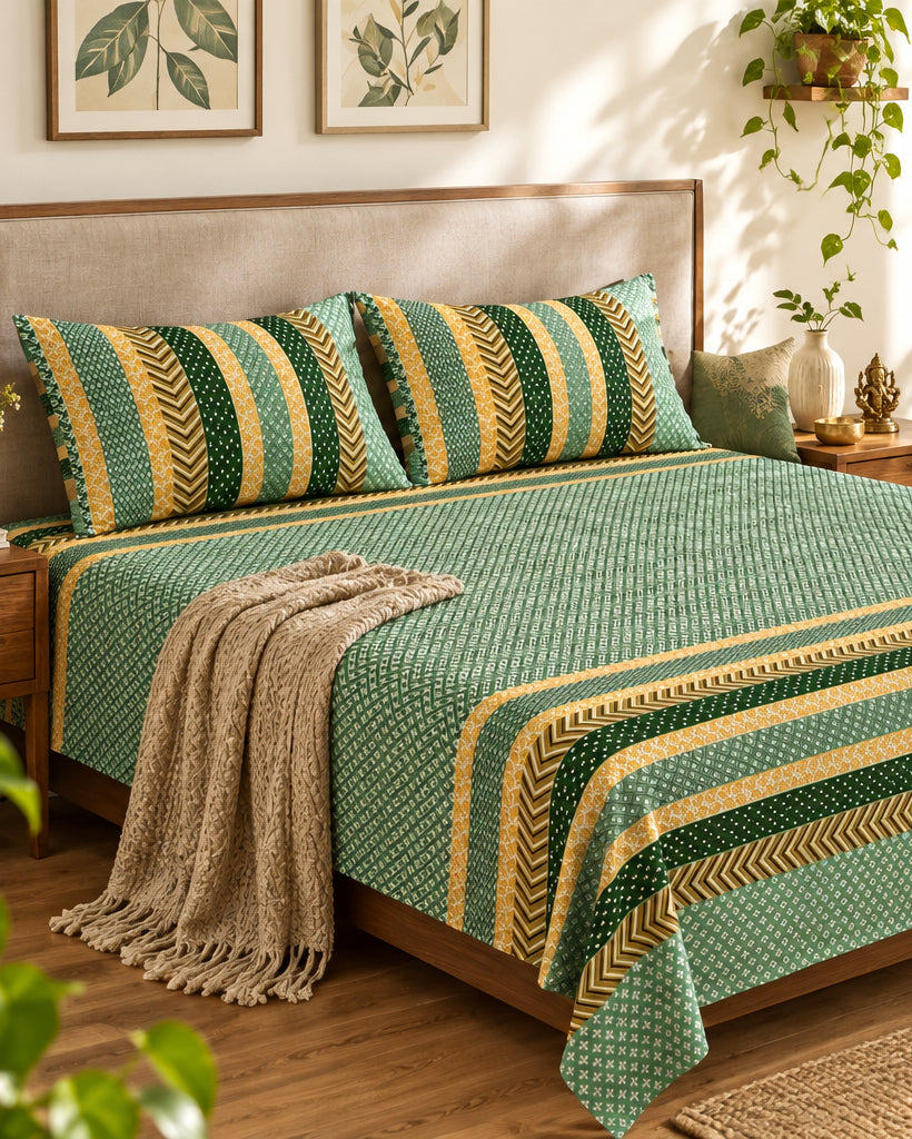 Preet Green bedsheet with stripe bands styled with a beige knit throw