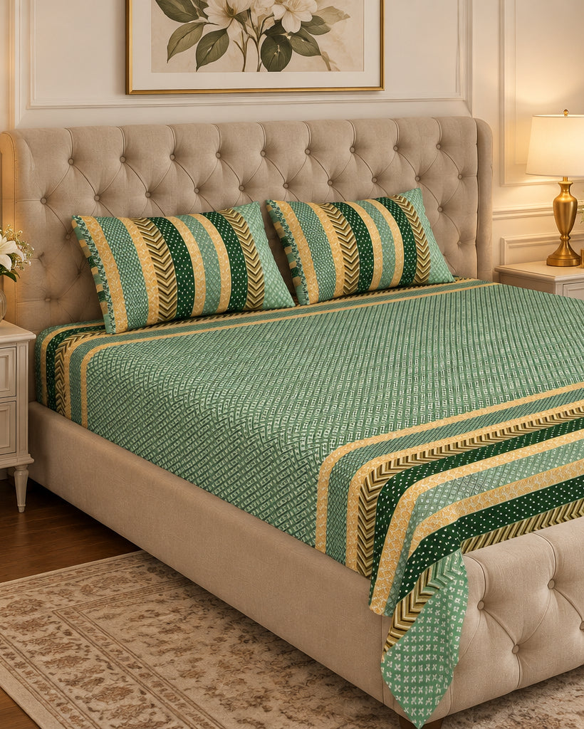 Preet Green bedsheet with yellow and green stripe bands on a beige tufted bed