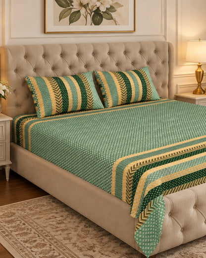 Preet Green bedsheet with yellow and green stripe bands on a beige tufted bed