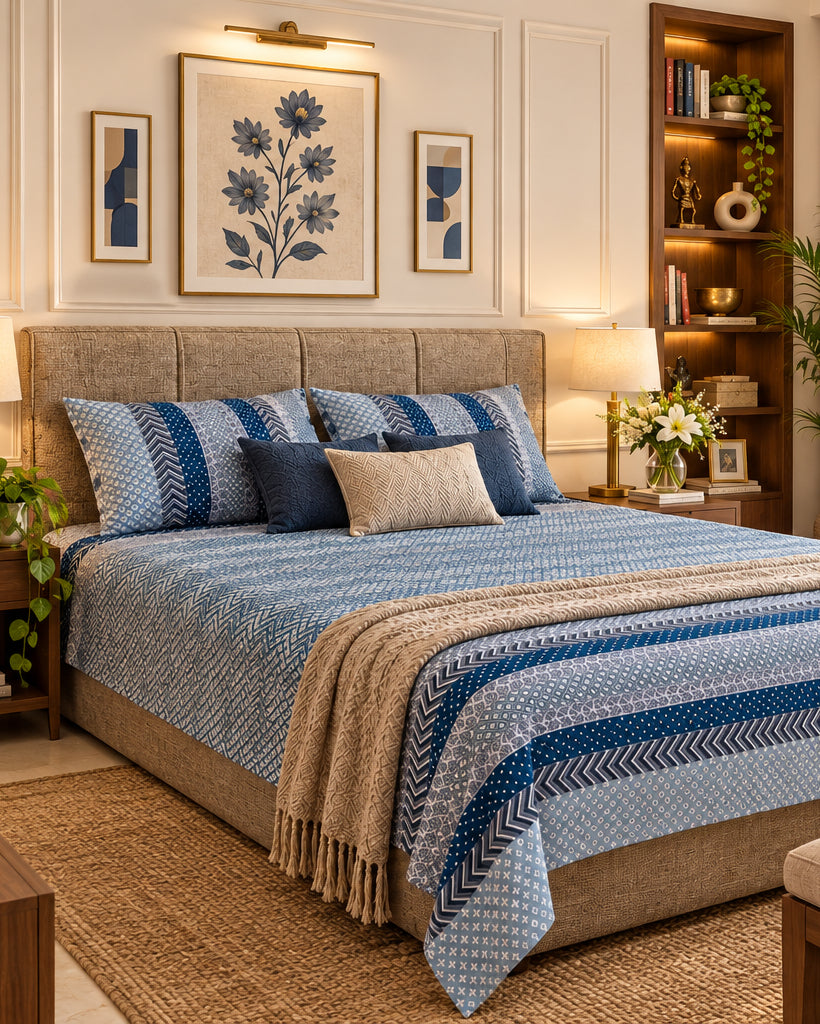 Preet Light Blue bedsheet styled with navy and beige cushions and a knit throw
