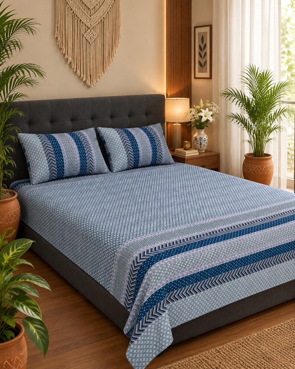 Preet Light Blue dotted bedsheet with stripe bands on a charcoal upholstered bed
