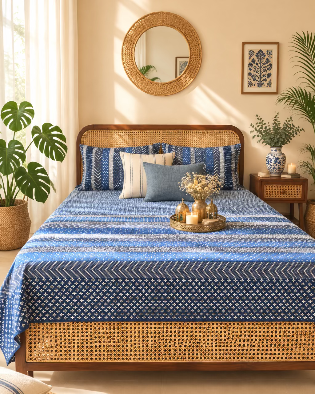 Preet Blue bedsheet and pillow covers on a cane bed with a round mirror above