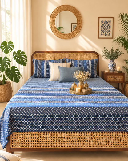 Preet Blue bedsheet and pillow covers on a cane bed with a round mirror above