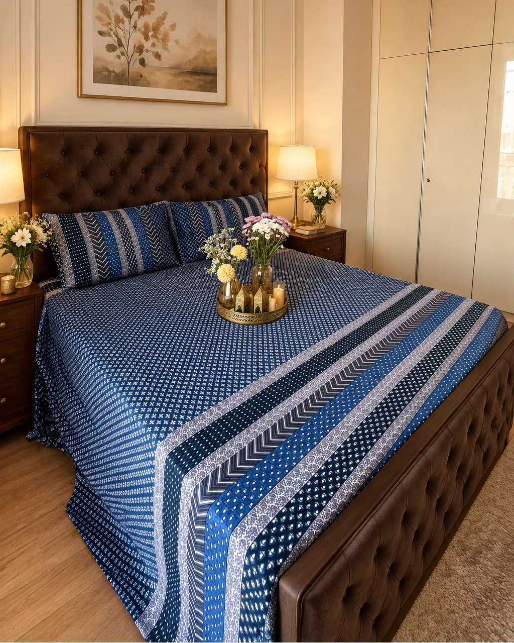 Preet Blue dotted navy bedsheet with stripe bands on a dark wooden bed
