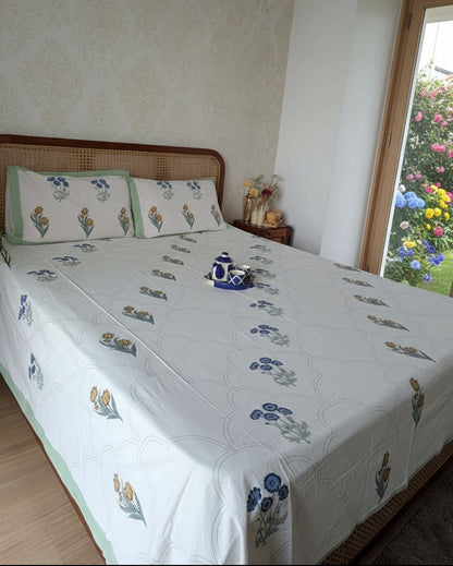 Pushpanjali green floral pure cotton bedsheet – left-side view