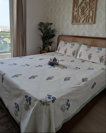 Pushpanjali green floral pure cotton bedsheet – right-side view