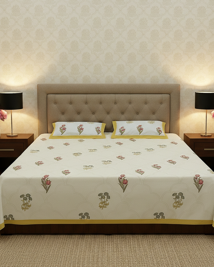 Pink and olive floral booti cotton bedsheet with a mustard scalloped pattern and border
