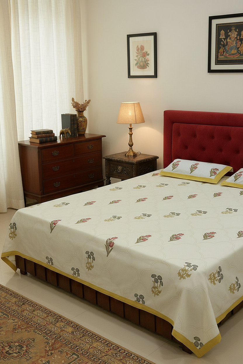 Pushpanjali yellow floral pure cotton bedsheet – styled on a bed
