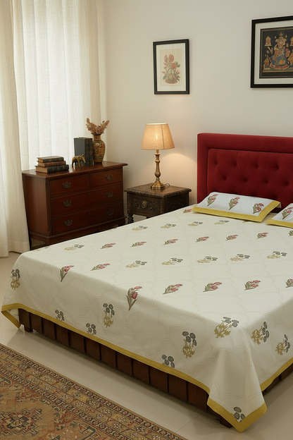 Pushpanjali yellow floral pure cotton bedsheet – styled on a bed