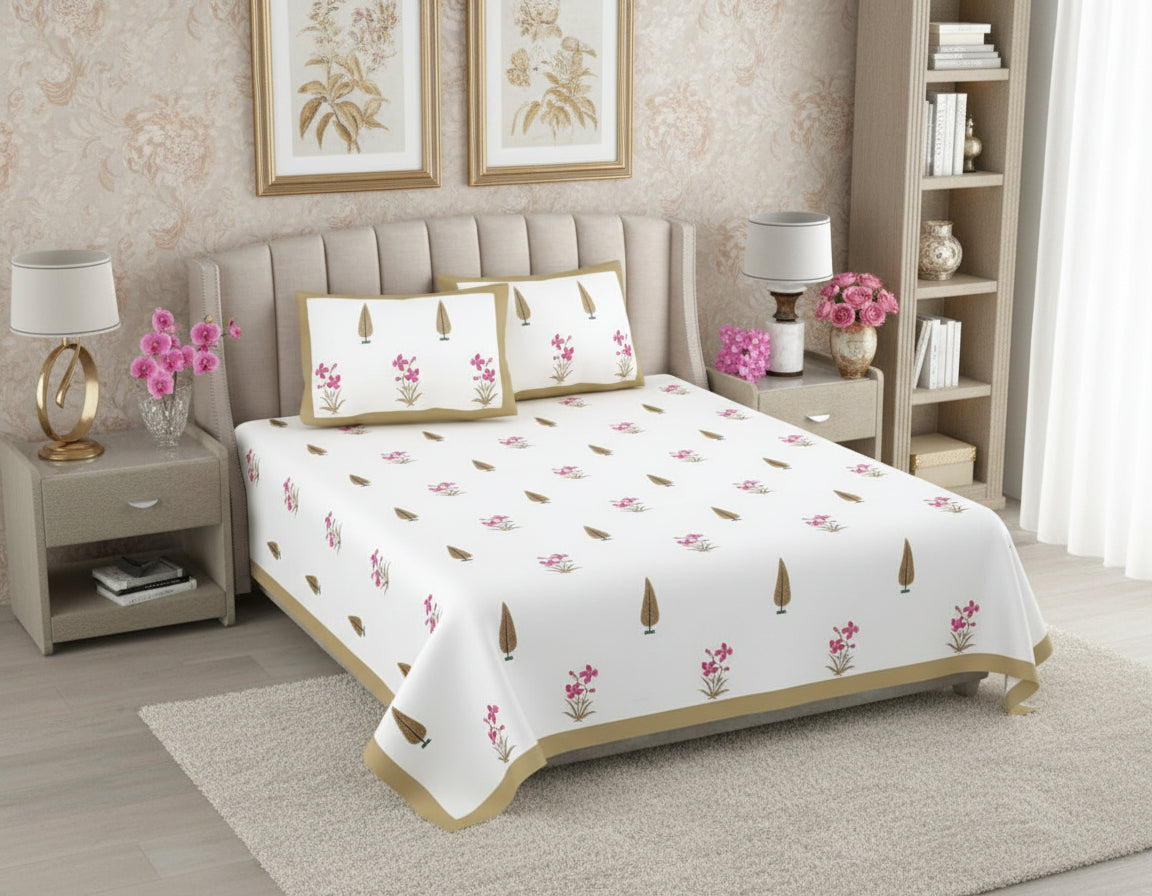 Bed with floral patterned bedding in a bedroom setting