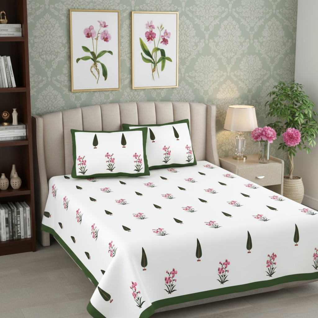 Floral patterned bedspread with matching pillows on a bed in a bedroom setting.