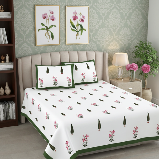 Floral patterned bedspread with matching pillows on a bed in a bedroom setting.