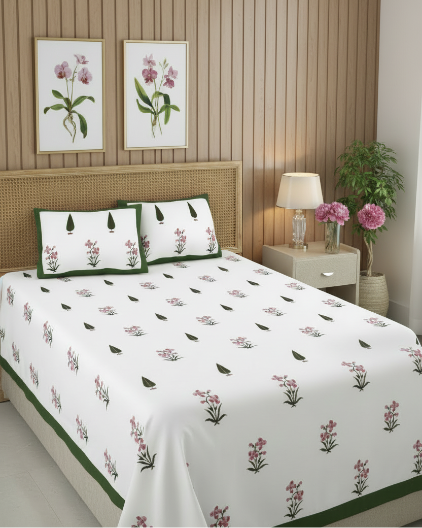 Floral patterned bedspread with matching pillows on a bed in a bedroom setting.