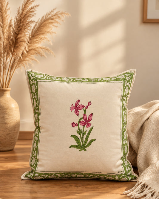 Pushpita green Hand Block Canvas cotton cushion cover – product view