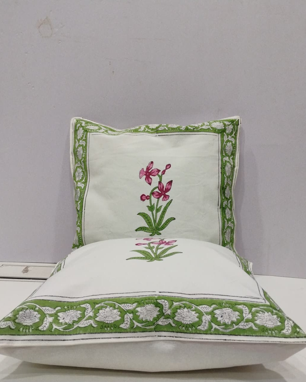 Pushpita green Hand Block Canvas cotton cushion cover – fabric close-up