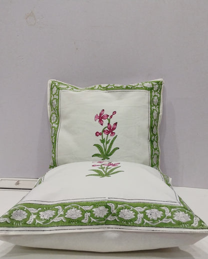 Pushpita green Hand Block Canvas cotton cushion cover – fabric close-up