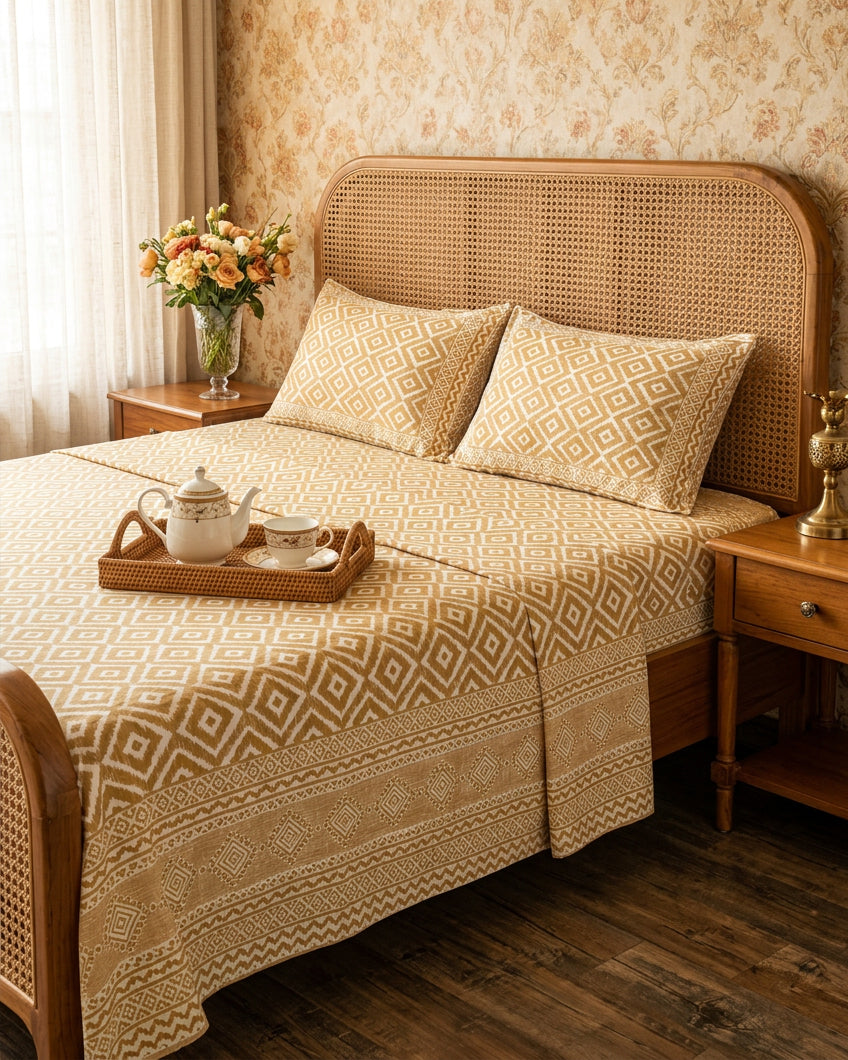 Ratna Beige bedsheet, all-over mustard-ochre nested-diamond print, on a bed with a cane headboard and a tea tray