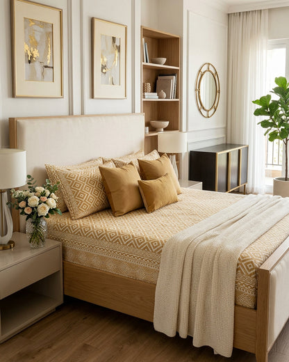 Ratna Beige bedsheet, all-over mustard-ochre nested-diamond print, in a bedroom with mustard cushions and a cream throw
