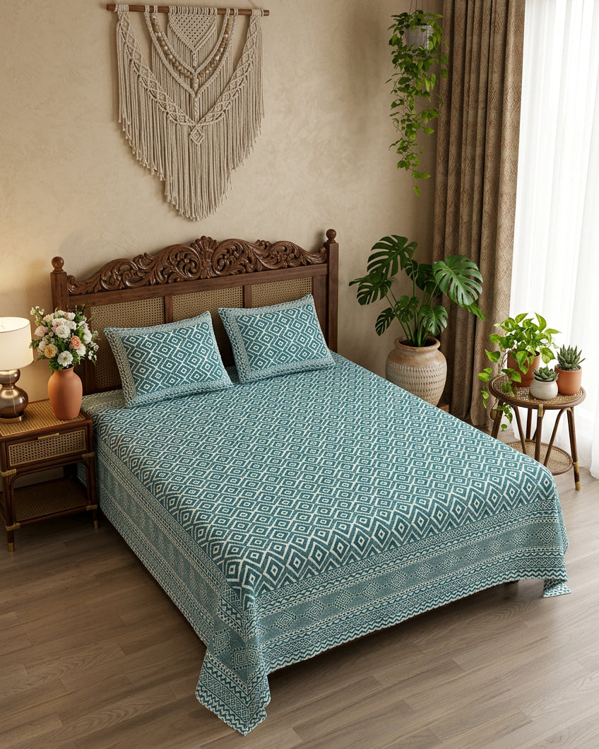 Ratna Blue bedsheet, all-over teal nested-diamond print, on a bed with a carved wood headboard with macramé