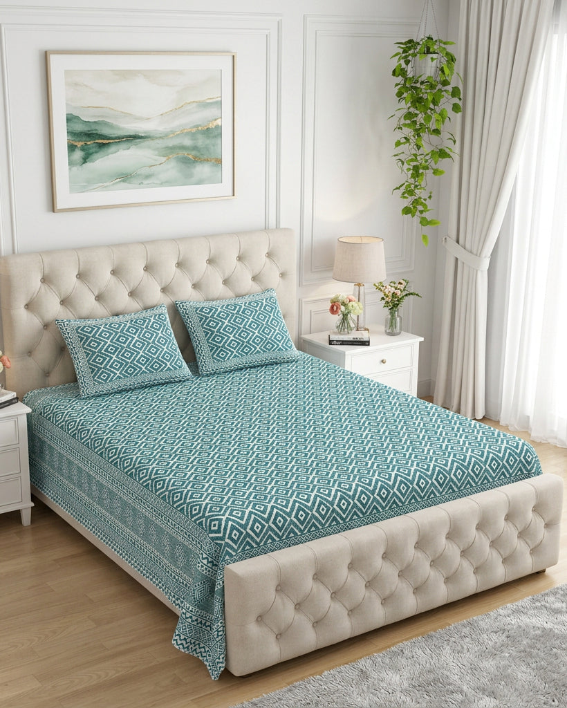 Ratna Blue bedsheet, all-over teal nested-diamond print, on a bed with a tufted cream headboard