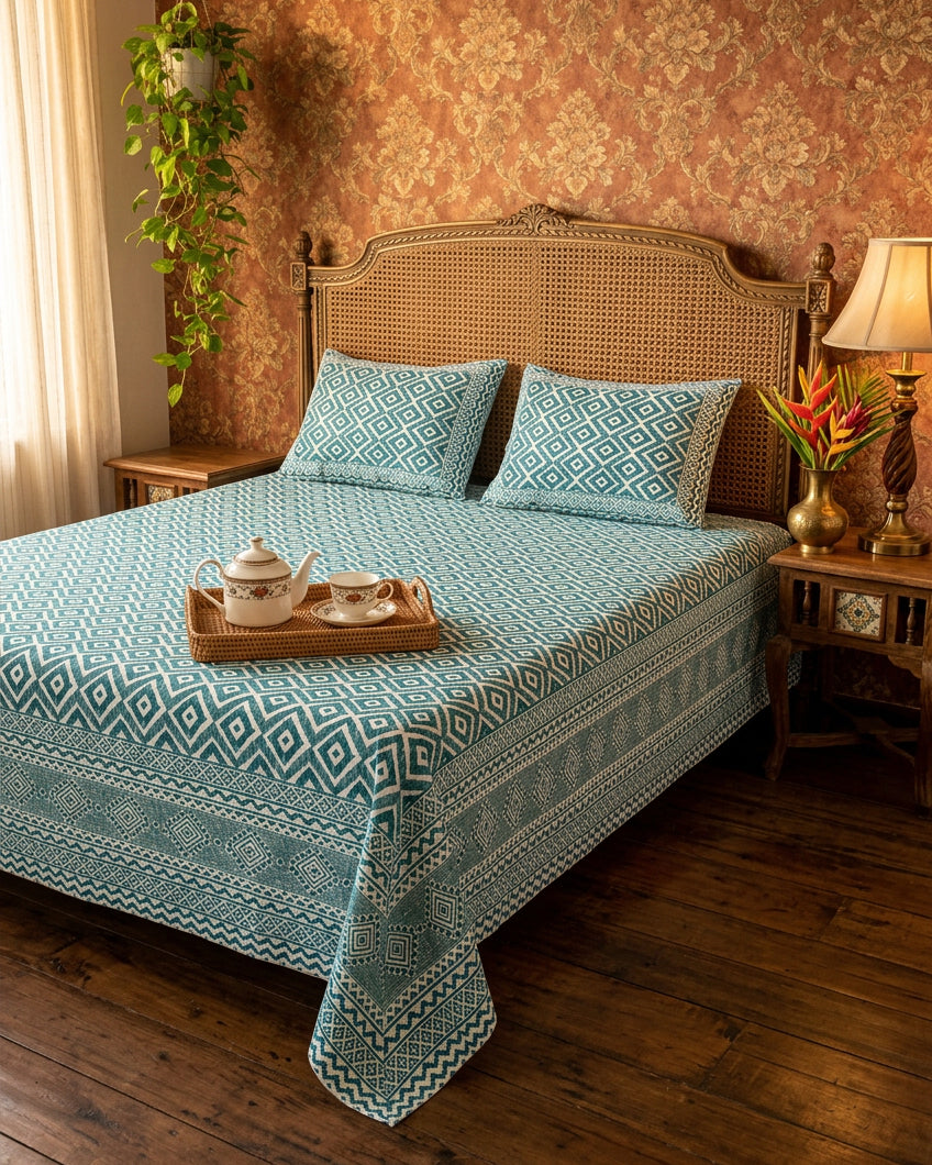 Ratna Blue bedsheet, all-over teal nested-diamond print, on a bed with a cane headboard and a tea tray
