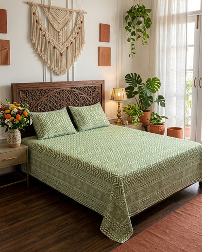 Ratna Green bedsheet, all-over sage-green nested-diamond print, on a bed with a carved wood headboard with macramé