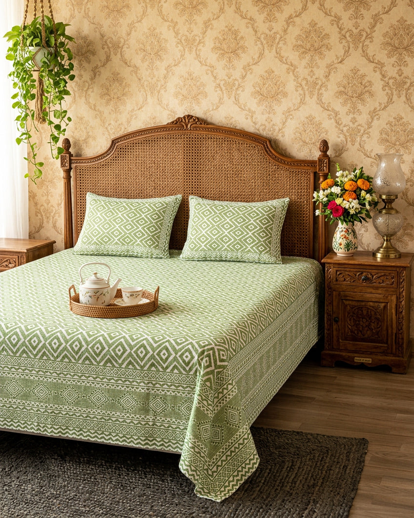 Ratna Green bedsheet, all-over sage-green nested-diamond print, on a bed with a cane headboard and a tea tray