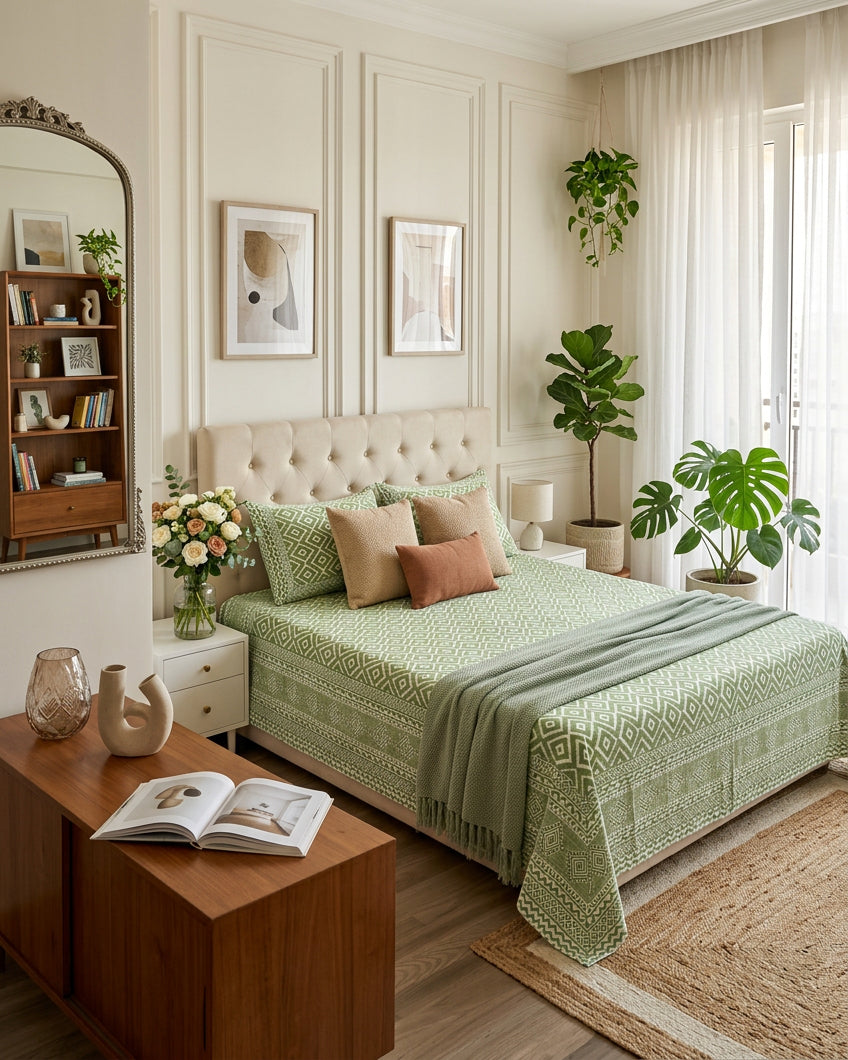 Ratna Green bedsheet, all-over sage-green nested-diamond print, in a bedroom with a sage throw