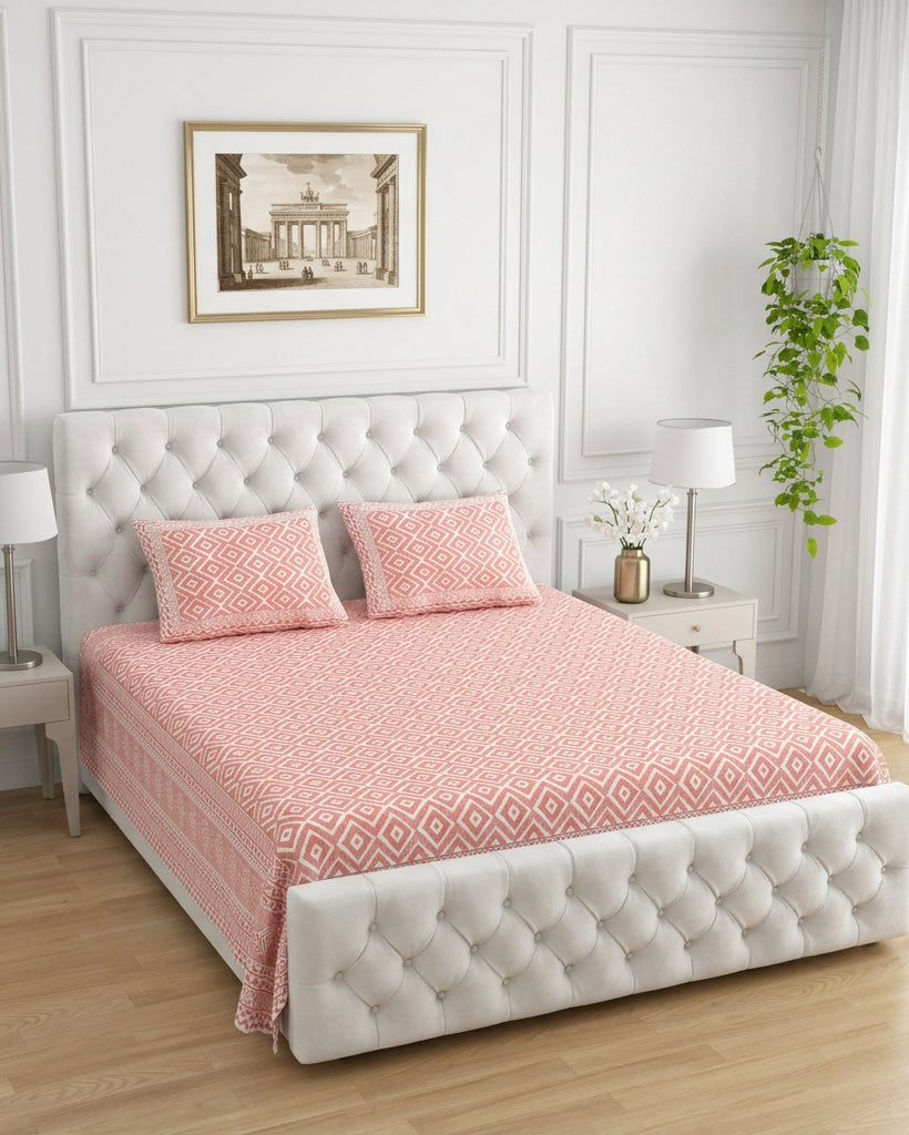 Ratna Pink bedsheet, all-over coral-pink nested-diamond print, on a tufted ivory bed