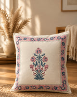 Ruhani pink Hand Block Canvas cotton cushion cover – product view