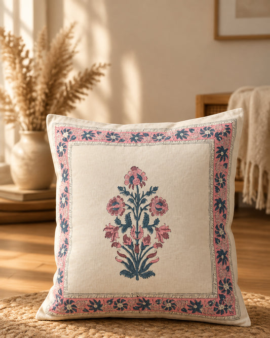 Ruhani pink Hand Block Canvas cotton cushion cover – product view