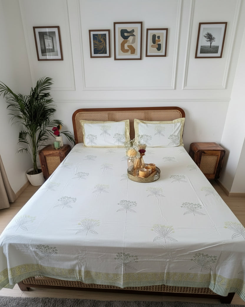 Bed with a white floral-patterned cover and wooden headboard in a room with a plant and nightstands.