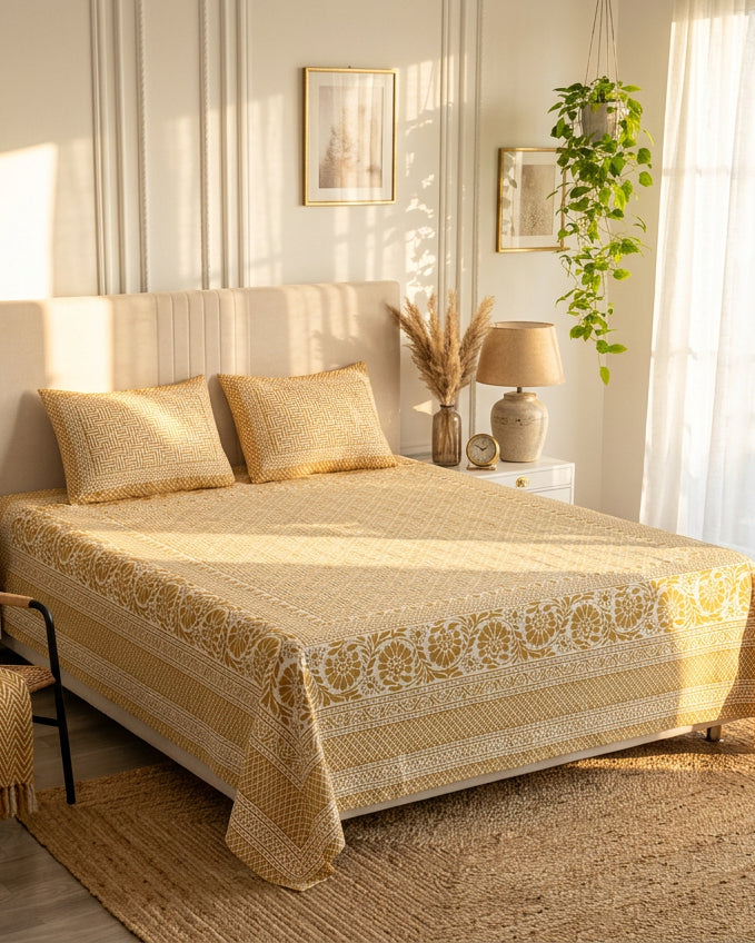 Sagar Beige bedsheet, mustard-gold geometric maze with a medallion-flower border, in a sunlit bedroom with a cream headboard