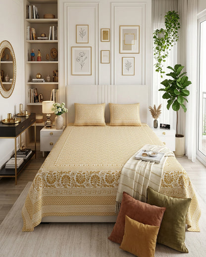 Sagar Beige bedsheet, mustard-gold geometric maze with a medallion-flower border, in a bedroom with rust and olive cushions