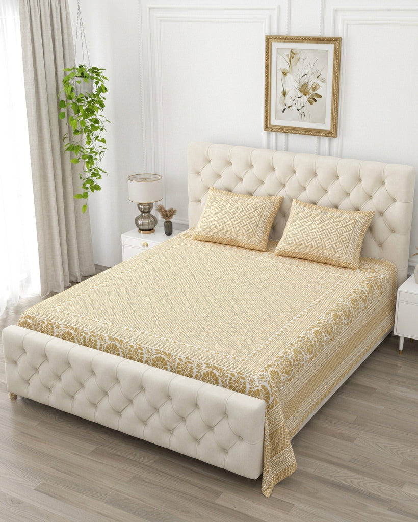 Sagar Beige bedsheet, mustard-gold geometric maze with a medallion-flower border, on a tufted ivory bed
