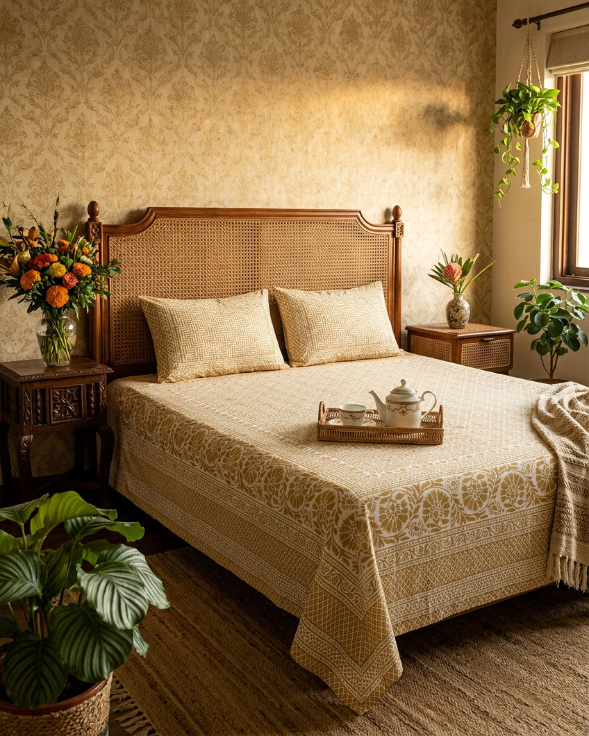 Sagar Beige bedsheet, mustard-gold geometric maze with a medallion-flower border, on a bed with a cane headboard and a tea tray against damask wallpaper