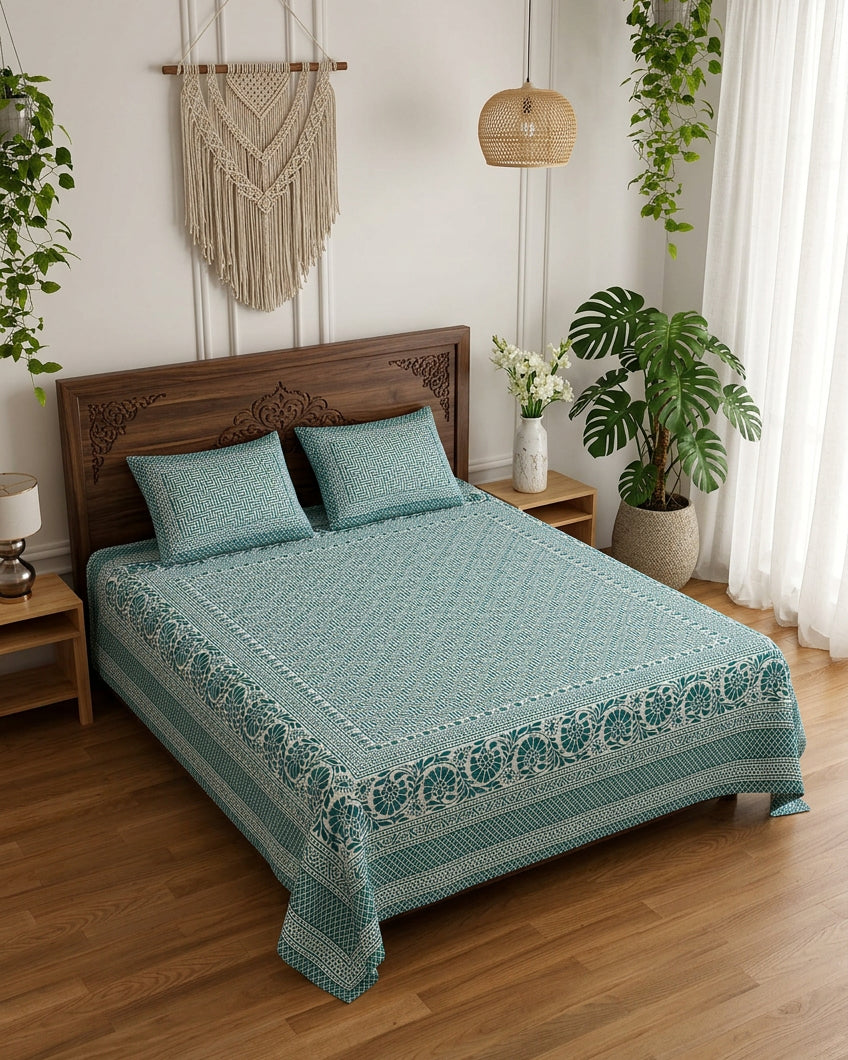Sagar Blue bedsheet, teal geometric maze with a medallion-flower border, on a bed with a carved wood headboard with macramé