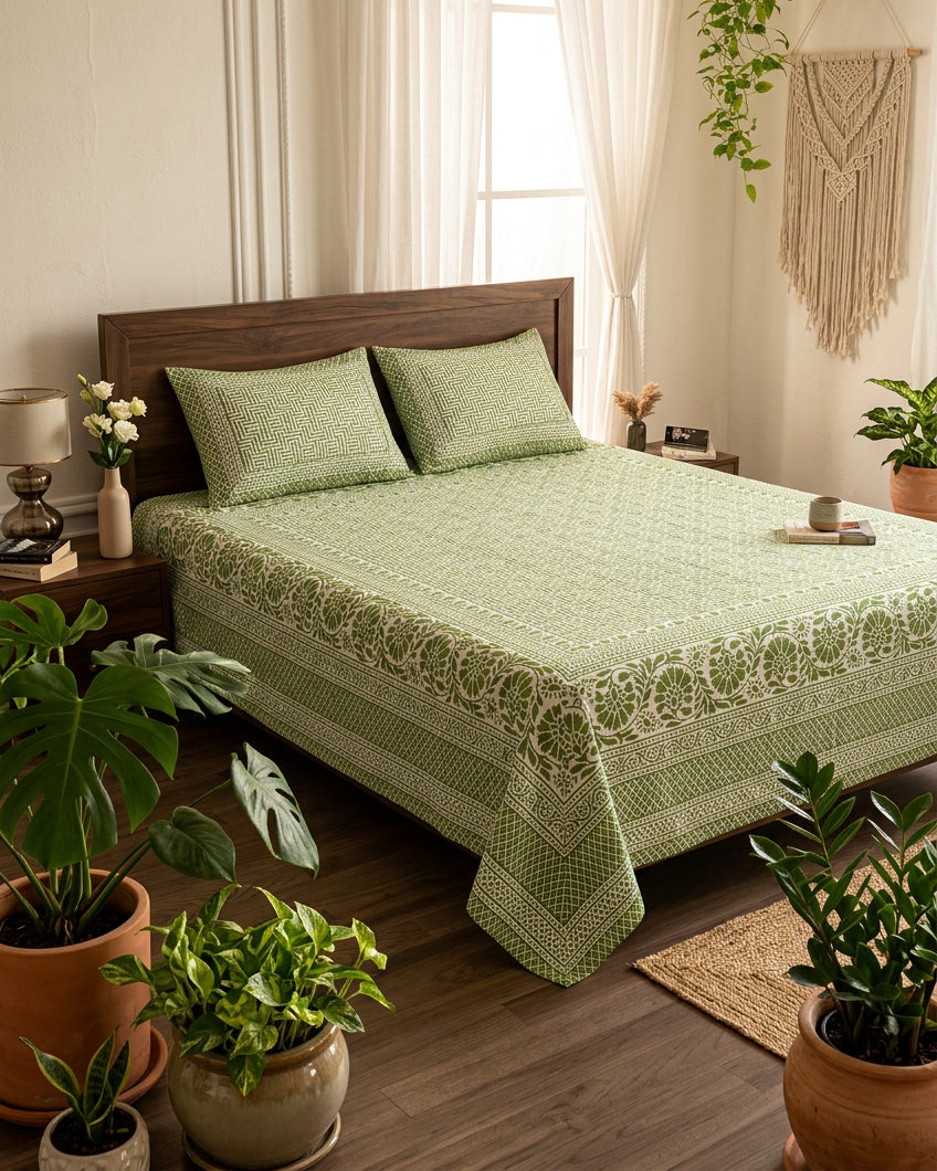 Sagar Green bedsheet, sage-green geometric maze with a medallion-flower border, on a bed with a dark wood headboard with potted plants
