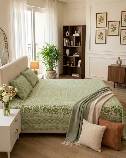 Sagar Green bedsheet, sage-green geometric maze with a medallion-flower border, in a bedroom with a sage throw and cushions