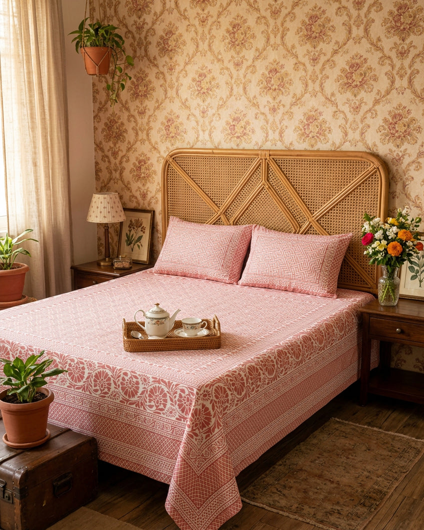 Sagar Pink bedsheet, coral-pink geometric maze with a medallion-flower border, on a bed with a cane headboard and a tea tray against damask wallpaper