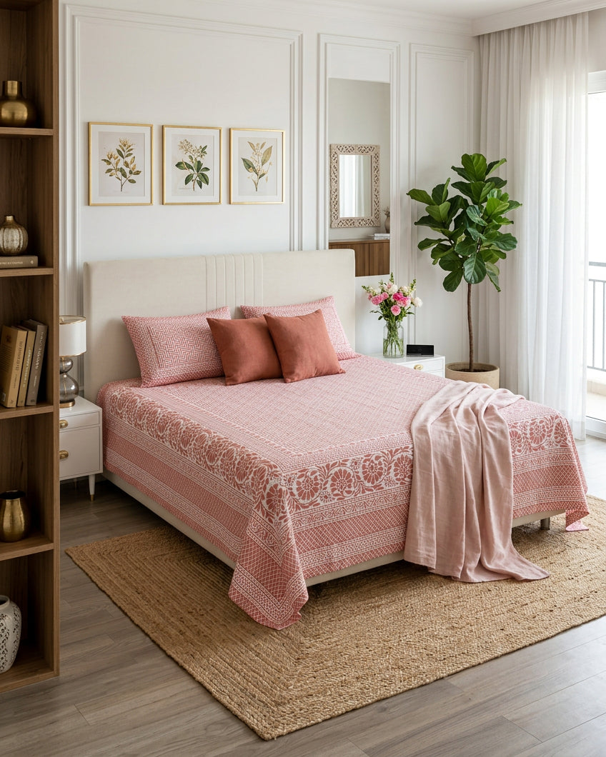 Sagar Pink bedsheet, coral-pink geometric maze with a medallion-flower border, in a bedroom with a jute rug and blush throw