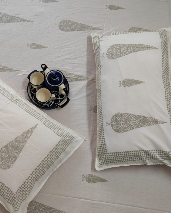 Parnika - Soft Fine Cotton Bedsheet | Olive/ Grey